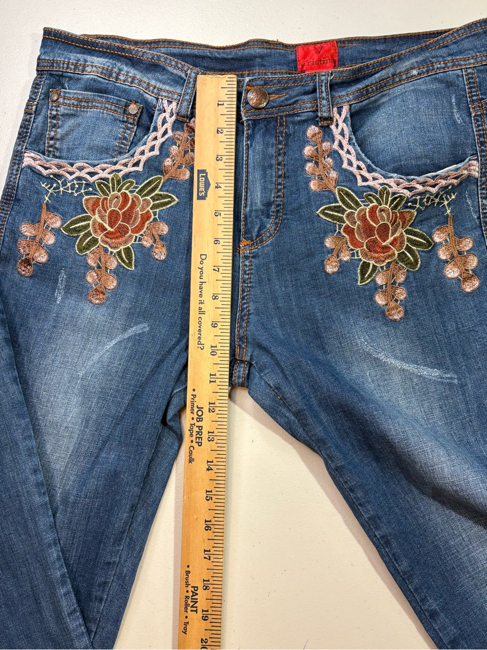 V Cristina 12 Floral Embroidered Distressed Skinny Jeans Boho Medium Wash GUC - Picture 3 of 8